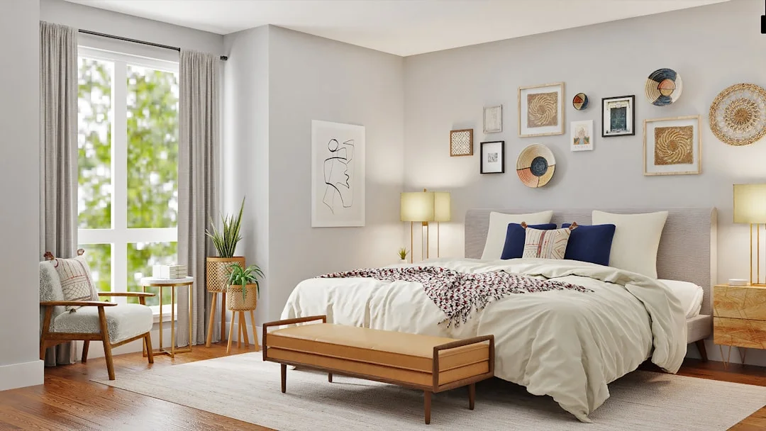 A quiet bedroom with the bed positioned diagonally across from the door