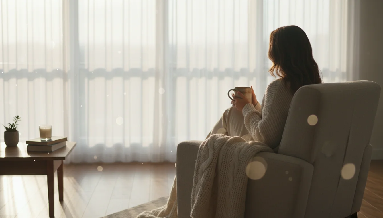 Woman sitting in the bright living room drinking a warm cup of tea, looking out of the window and reflecting contentedly.