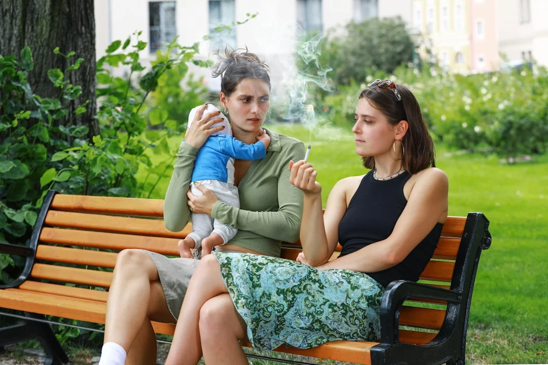 Parent and teenager talking outdoors