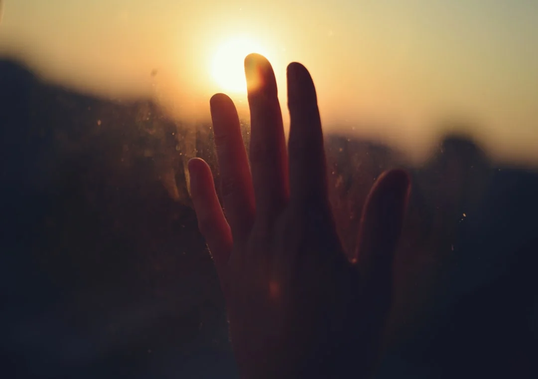 Zwei Hände halten sich sanft im Sonnenaufgang