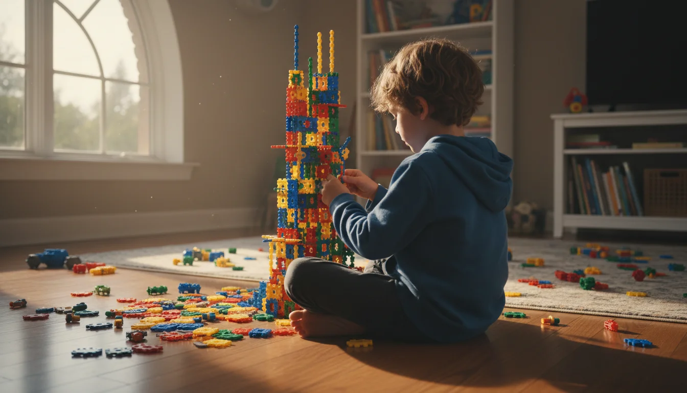 Kind 12 tüftelt an einem Baukasten und erstellt ein komplexes Model