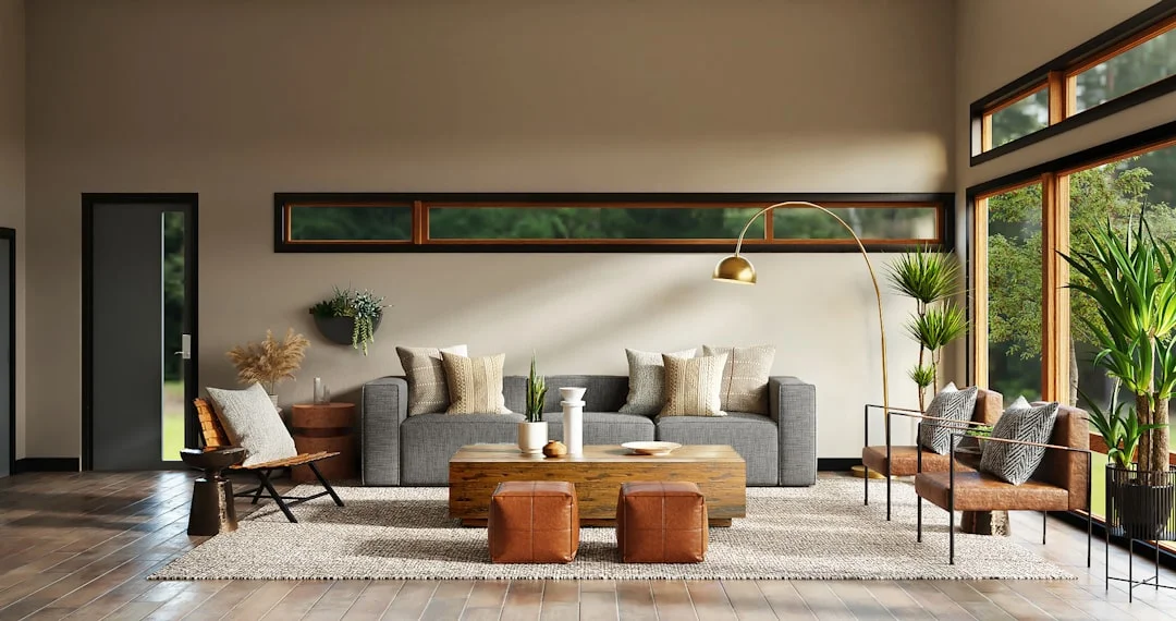 A harmoniously designed living space featuring natural materials, plants, ceramics, and metal elements as an example of Feng Shui