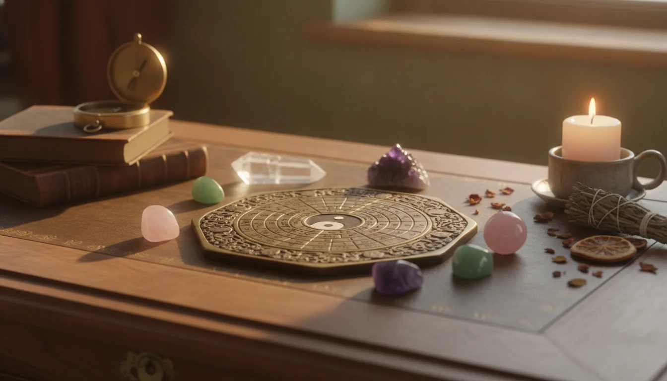 Diagramma Bagua Feng Shui su una scrivania